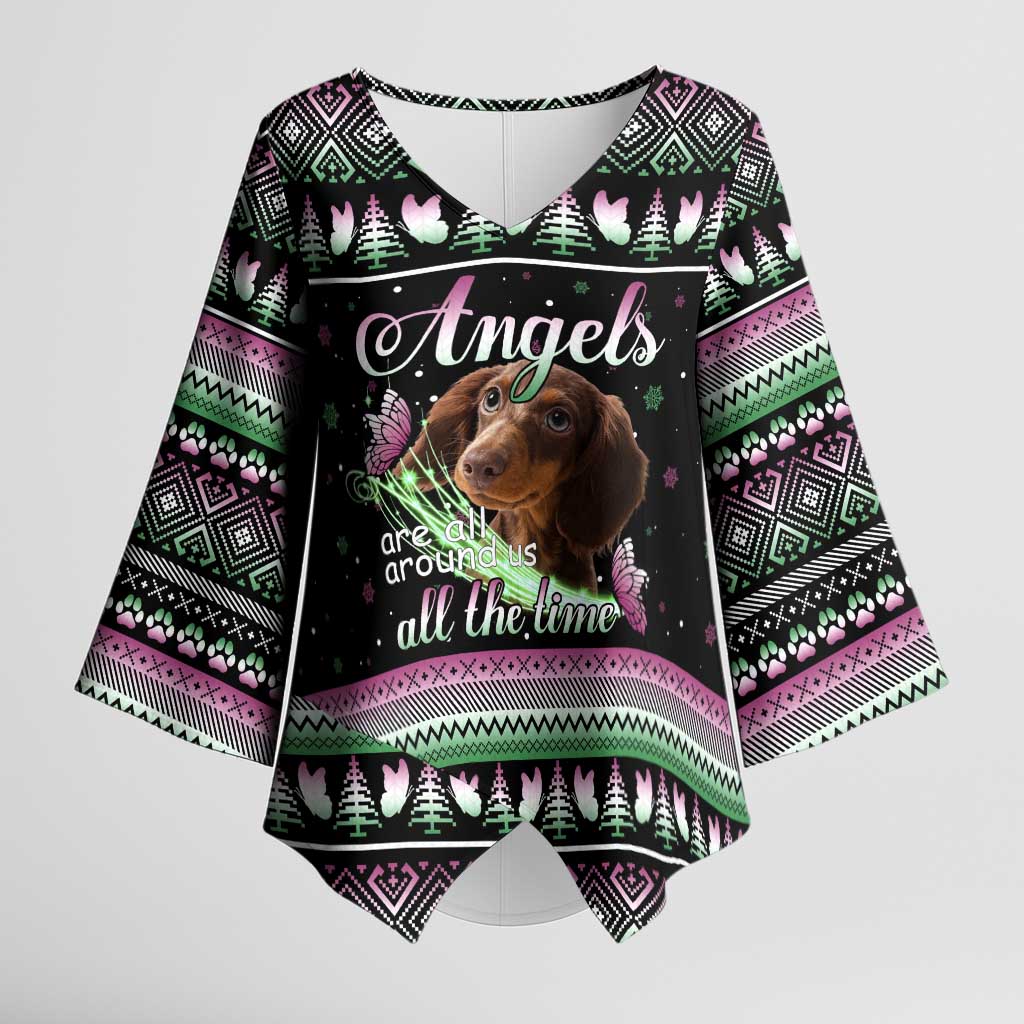 Christmas Dachshund Angel Dog Kimono Sleeve Blouse Pink Green Tree Feather Pattern Design - Wonder Print Shop