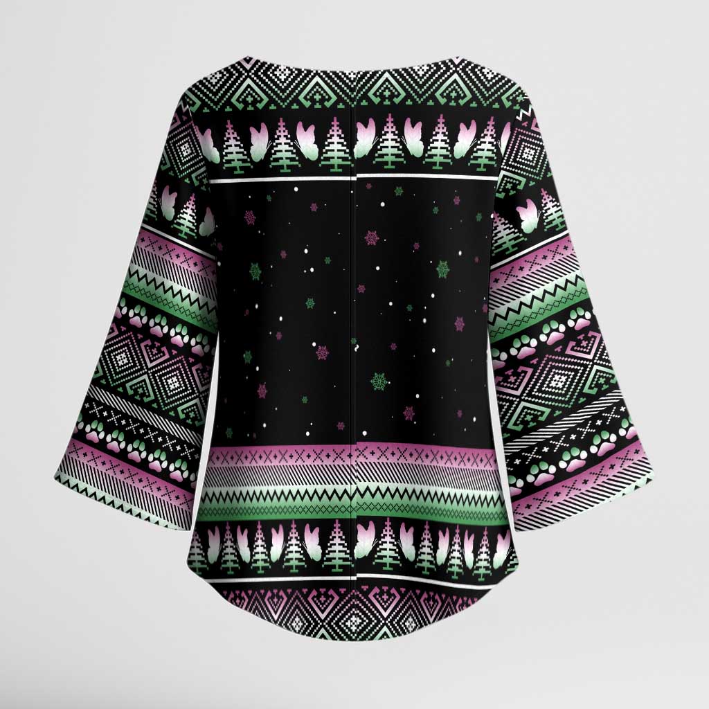 Christmas Dachshund Angel Dog Kimono Sleeve Blouse Pink Green Tree Feather Pattern Design - Wonder Print Shop