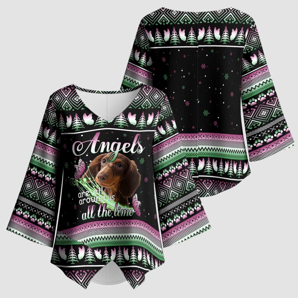 Christmas Dachshund Angel Dog Kimono Sleeve Blouse Pink Green Tree Feather Pattern Design - Wonder Print Shop