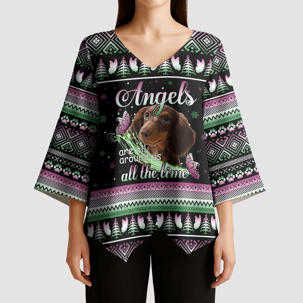 Christmas Dachshund Angel Dog Kimono Sleeve Blouse Pink Green Tree Feather Pattern Design - Wonder Print Shop