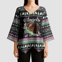 Christmas Dachshund Angel Dog Kimono Sleeve Blouse Pink Green Tree Feather Pattern Design - Wonder Print Shop