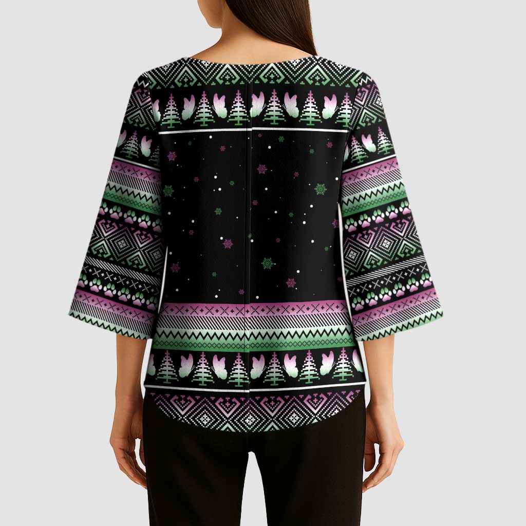 Christmas Dachshund Angel Dog Kimono Sleeve Blouse Pink Green Tree Feather Pattern Design - Wonder Print Shop