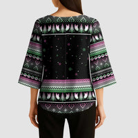 Christmas Dachshund Angel Dog Kimono Sleeve Blouse Pink Green Tree Feather Pattern Design - Wonder Print Shop