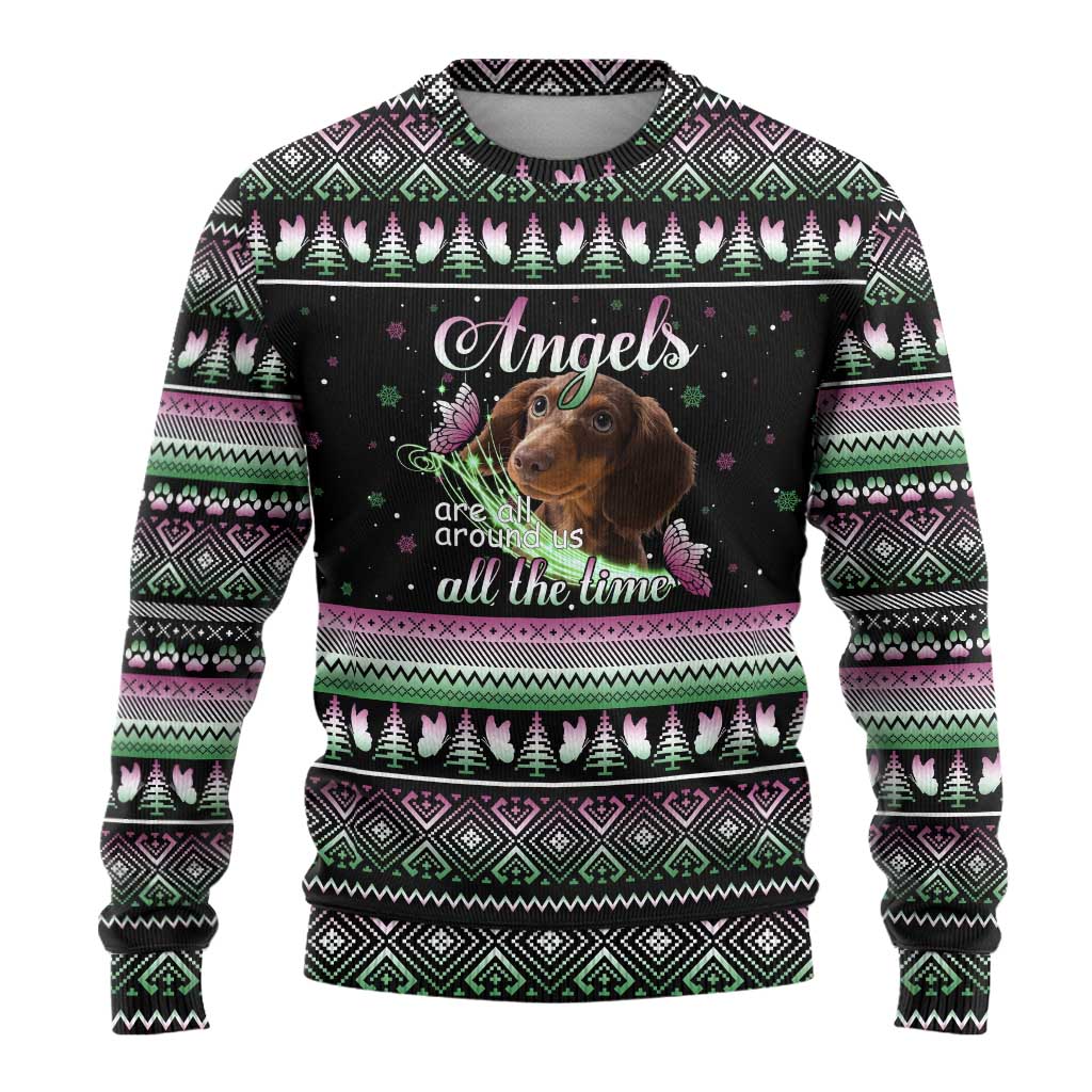 Christmas Dachshund Angel Dog Ugly Christmas Sweater Pink Green Tree Feather Pattern Design - Wonder Print Shop