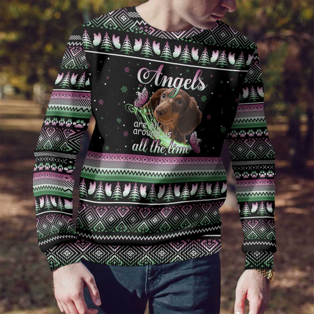 Christmas Dachshund Angel Dog Ugly Christmas Sweater Pink Green Tree Feather Pattern Design - Wonder Print Shop