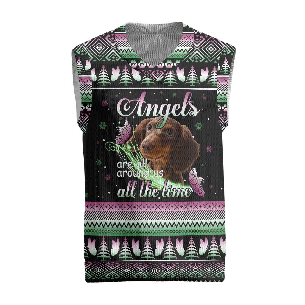 Christmas Dachshund Angel Dog Christmas Knitted V-Neck Vest Pink Green Tree Feather Pattern Design - Wonder Print Shop
