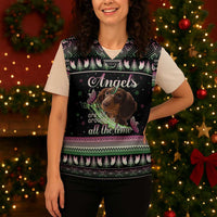 Christmas Dachshund Angel Dog Christmas Knitted V-Neck Vest Pink Green Tree Feather Pattern Design - Wonder Print Shop