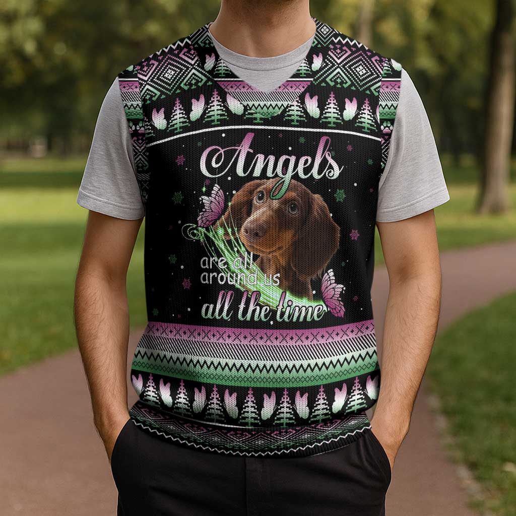 Christmas Dachshund Angel Dog Christmas Knitted V-Neck Vest Pink Green Tree Feather Pattern Design - Wonder Print Shop