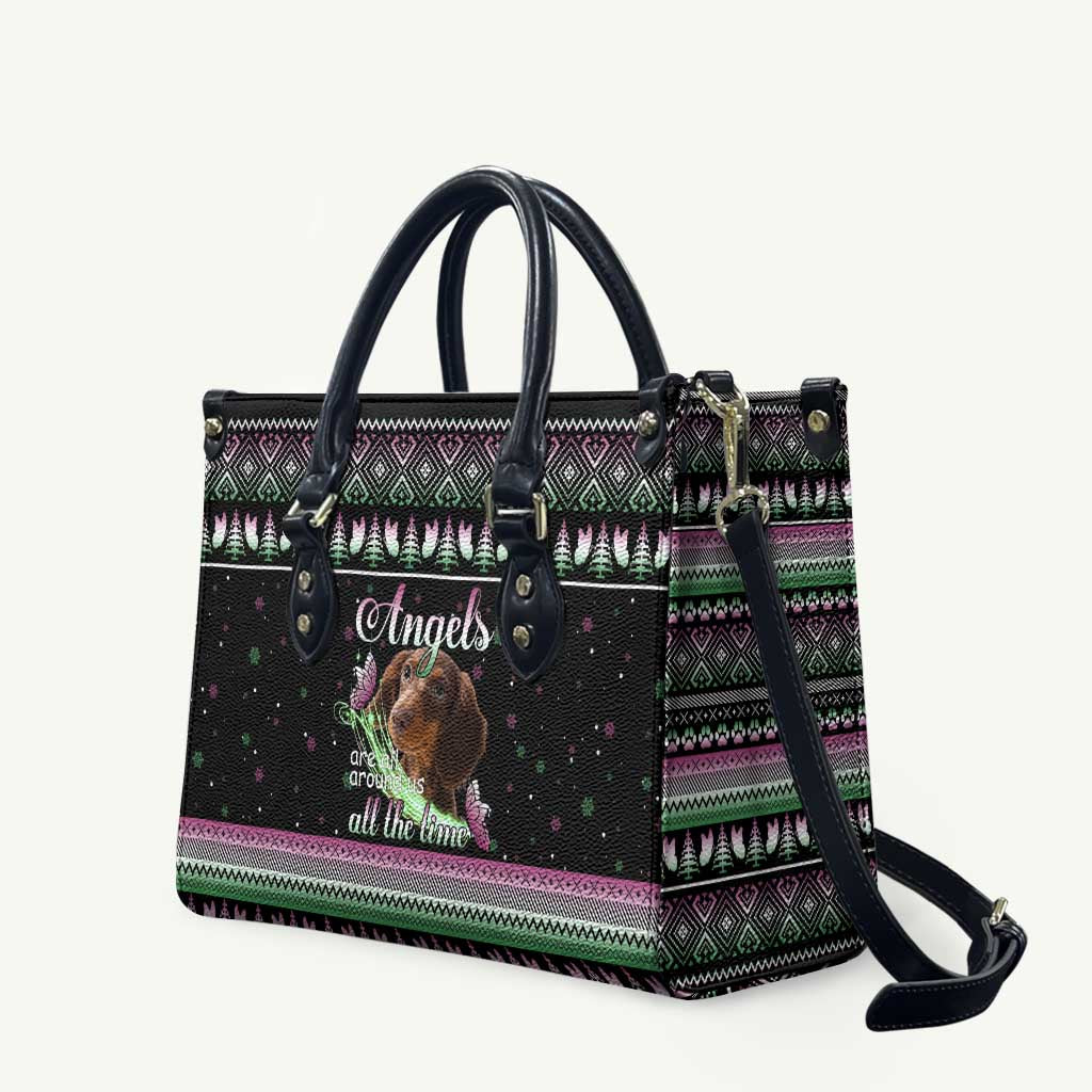 Christmas Dachshund Angel Dog Leather Bag Pink Green Tree Feather Pattern Design - Wonder Print Shop