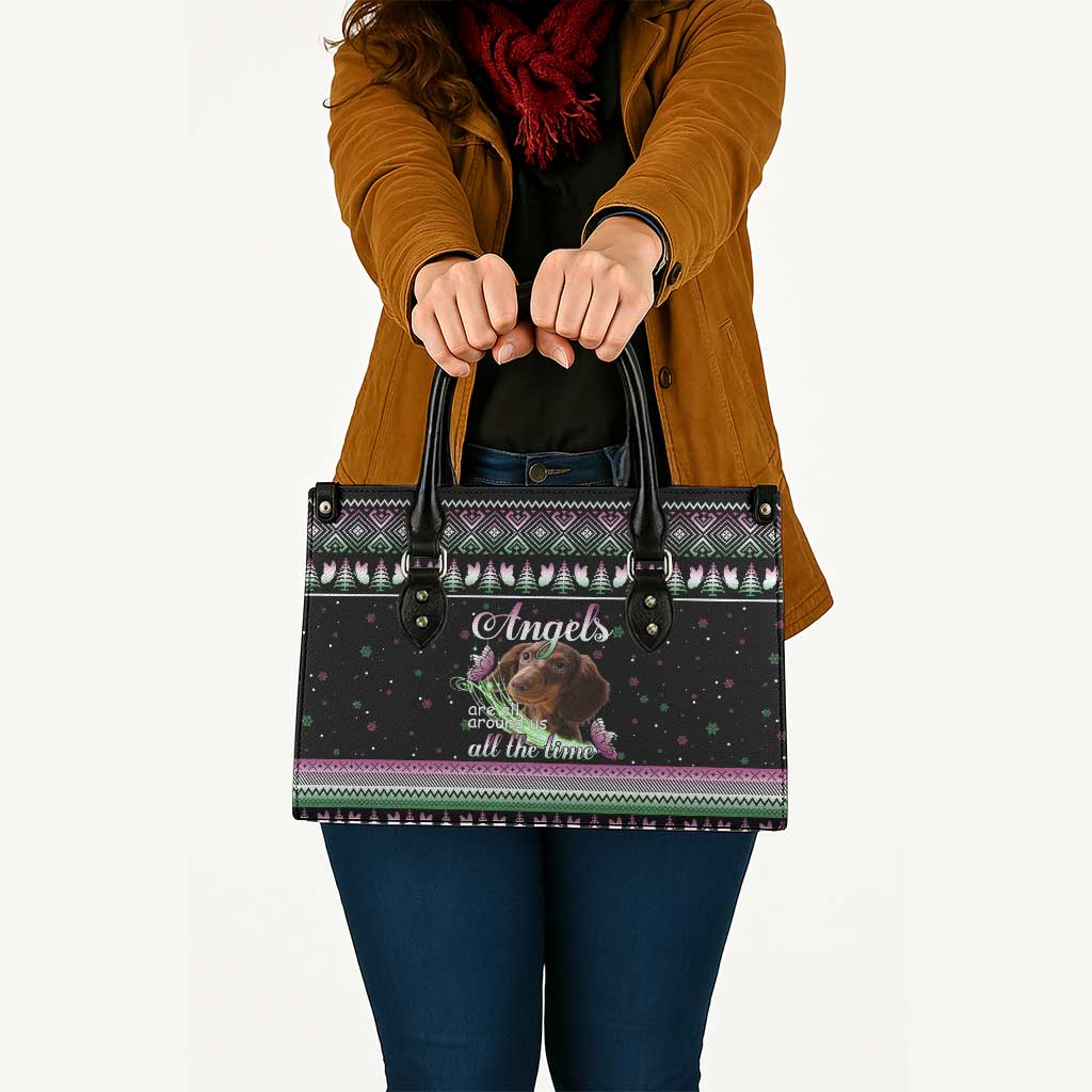 Christmas Dachshund Angel Dog Leather Bag Pink Green Tree Feather Pattern Design - Wonder Print Shop