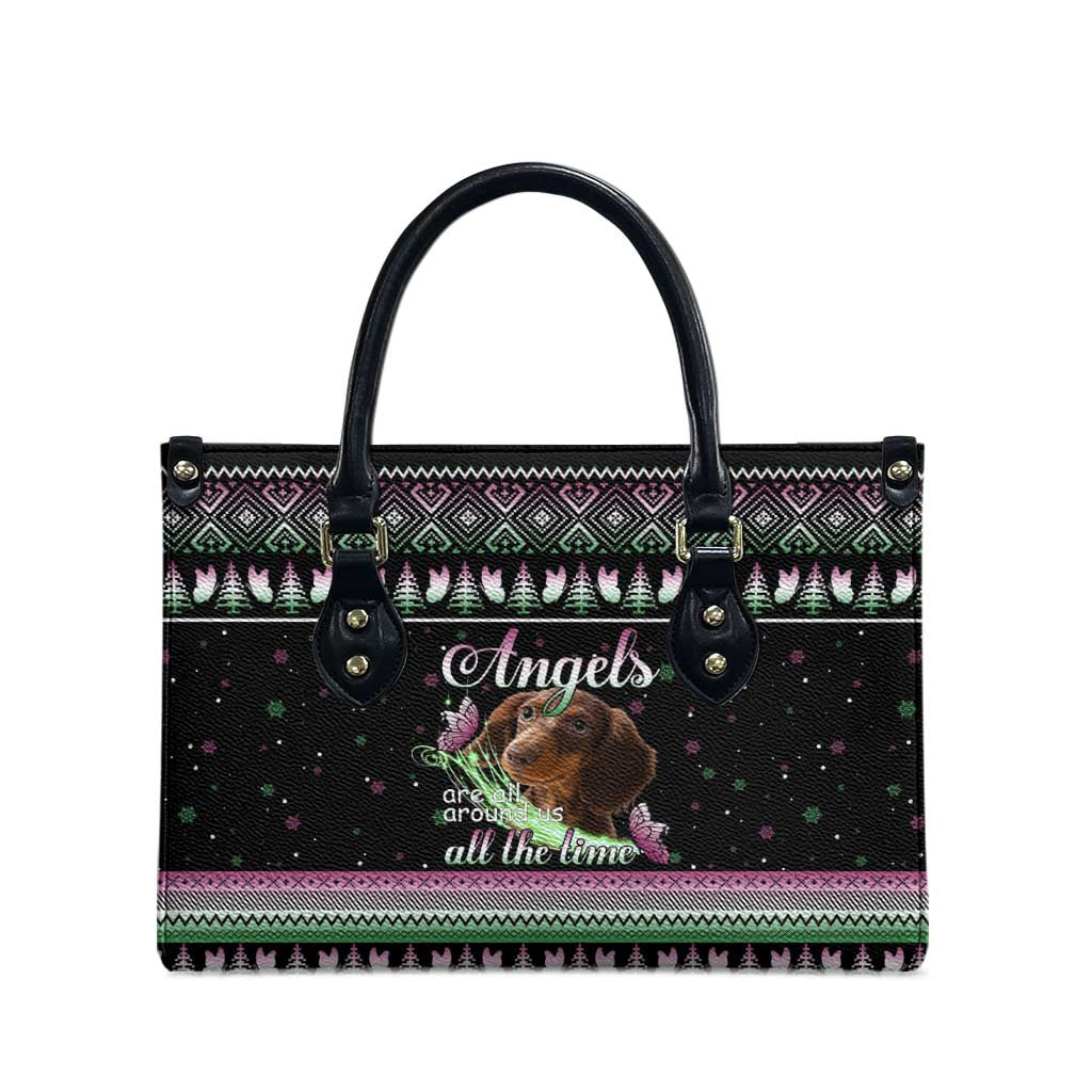 Christmas Dachshund Angel Dog Leather Bag Pink Green Tree Feather Pattern Design - Wonder Print Shop