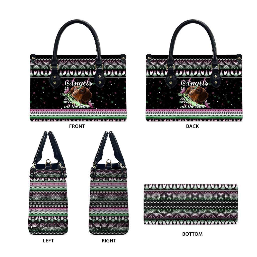 Christmas Dachshund Angel Dog Leather Bag Pink Green Tree Feather Pattern Design - Wonder Print Shop