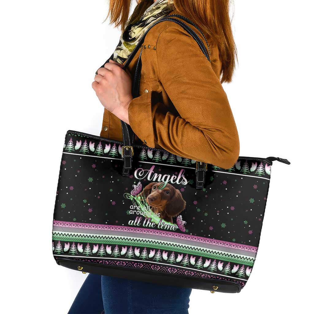 Christmas Dachshund Angel Dog Leather Tote Bag Pink Green Tree Feather Pattern Design - Wonder Print Shop