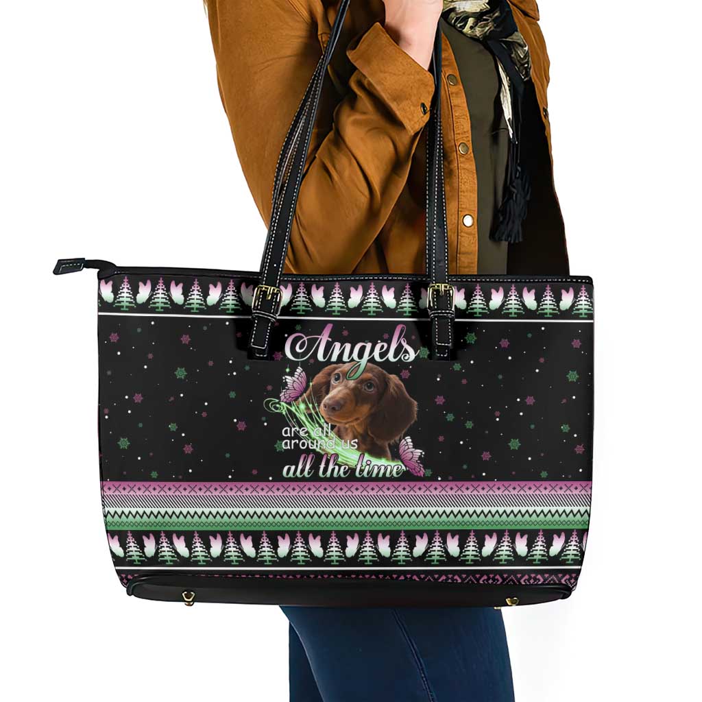 Christmas Dachshund Angel Dog Leather Tote Bag Pink Green Tree Feather Pattern Design - Wonder Print Shop