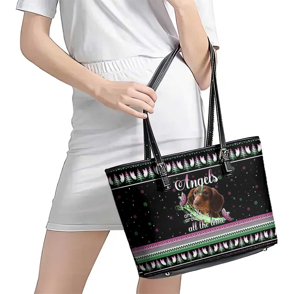 Christmas Dachshund Angel Dog Leather Tote Bag Pink Green Tree Feather Pattern Design - Wonder Print Shop