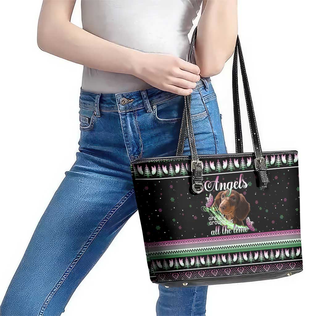 Christmas Dachshund Angel Dog Leather Tote Bag Pink Green Tree Feather Pattern Design - Wonder Print Shop