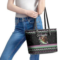 Christmas Dachshund Angel Dog Leather Tote Bag Pink Green Tree Feather Pattern Design - Wonder Print Shop