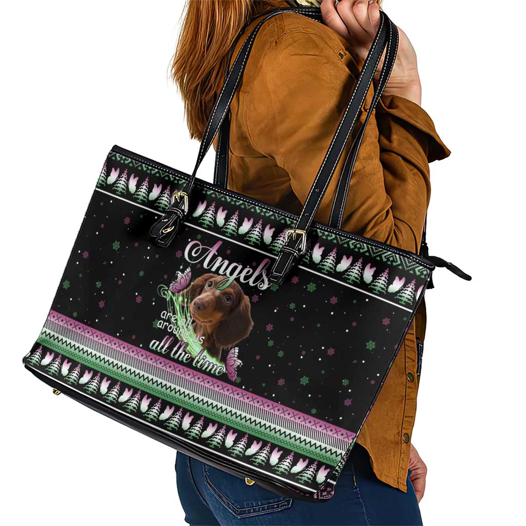 Christmas Dachshund Angel Dog Leather Tote Bag Pink Green Tree Feather Pattern Design - Wonder Print Shop
