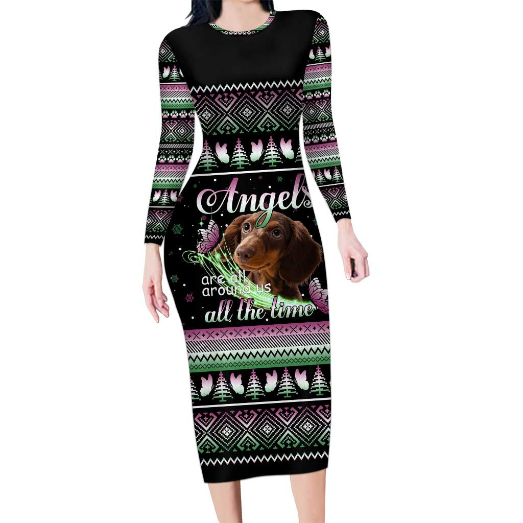 Christmas Dachshund Angel Dog Long Sleeve Bodycon Dress Pink Green Tree Feather Pattern Design - Wonder Print Shop