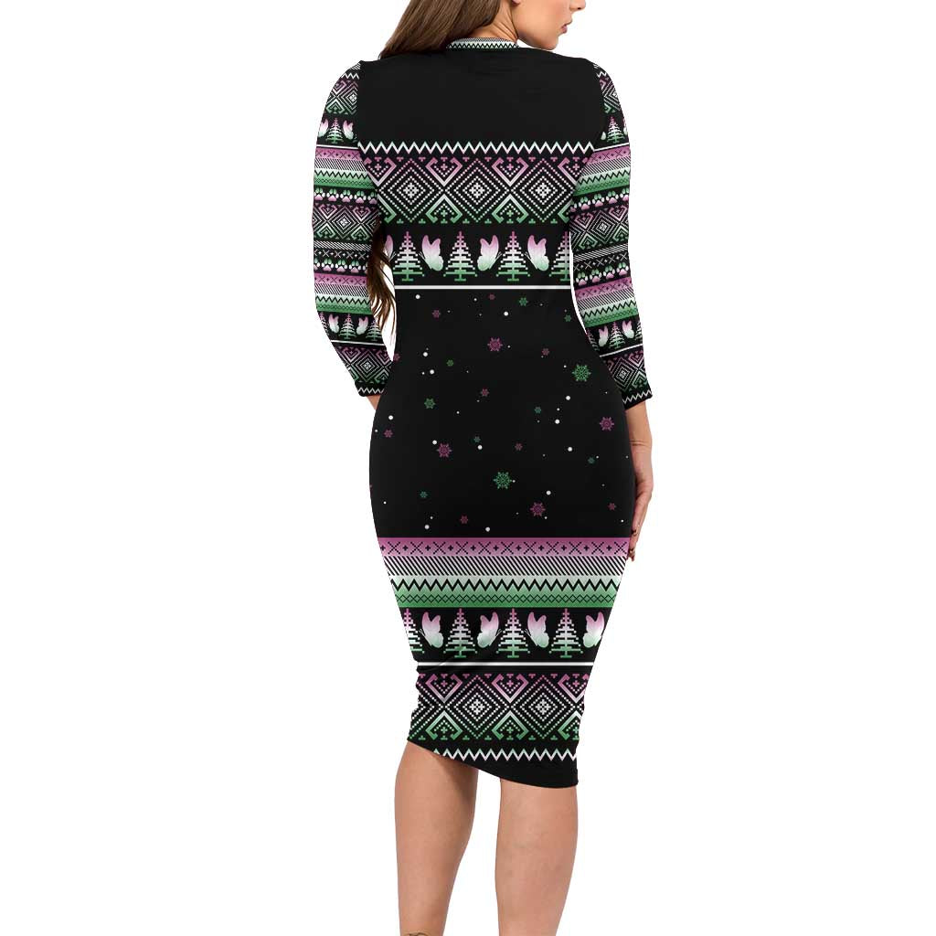 Christmas Dachshund Angel Dog Long Sleeve Bodycon Dress Pink Green Tree Feather Pattern Design - Wonder Print Shop