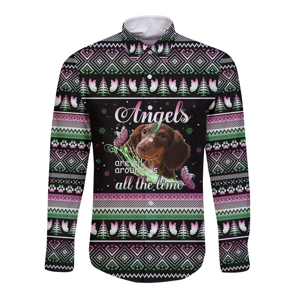Christmas Dachshund Angel Dog Long Sleeve Button Shirt Pink Green Tree Feather Pattern Design - Wonder Print Shop