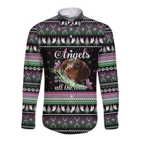 Christmas Dachshund Angel Dog Long Sleeve Button Shirt Pink Green Tree Feather Pattern Design - Wonder Print Shop
