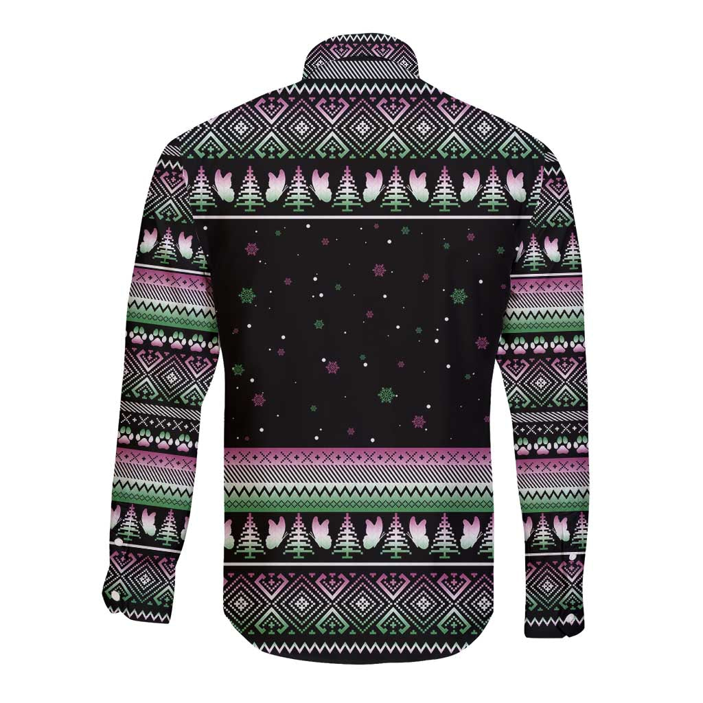 Christmas Dachshund Angel Dog Long Sleeve Button Shirt Pink Green Tree Feather Pattern Design - Wonder Print Shop