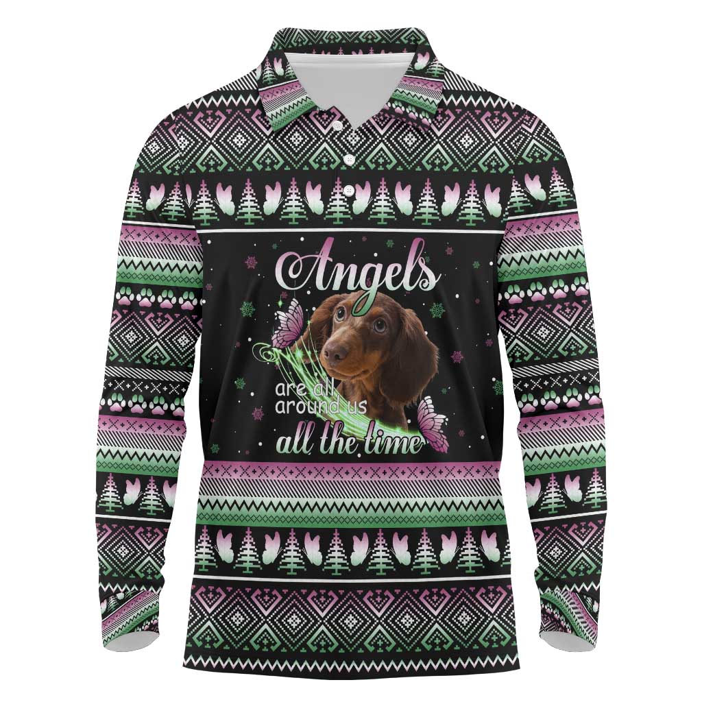 Christmas Dachshund Angel Dog Long Sleeve Polo Shirt Pink Green Tree Feather Pattern Design - Wonder Print Shop