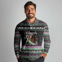 Christmas Dachshund Angel Dog Long Sleeve Polo Shirt Pink Green Tree Feather Pattern Design - Wonder Print Shop