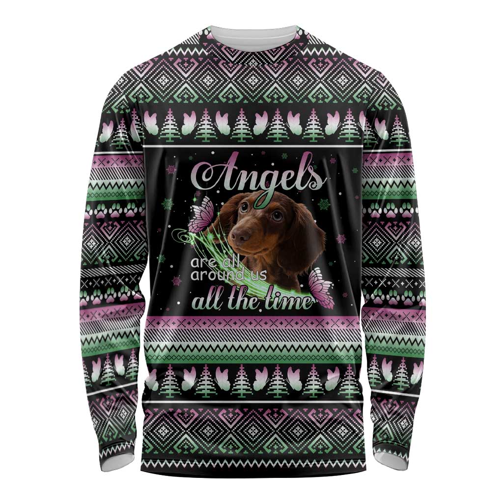 Christmas Dachshund Angel Dog Long Sleeve Shirt Pink Green Tree Feather Pattern Design - Wonder Print Shop