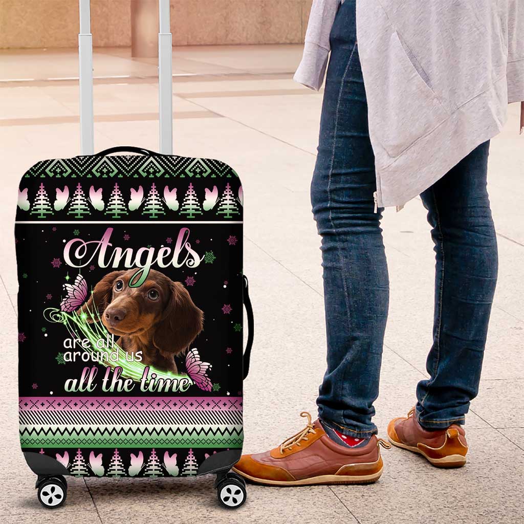 Christmas Dachshund Angel Dog Luggage Cover Pink Green Tree Feather Pattern Design - Wonder Print Shop