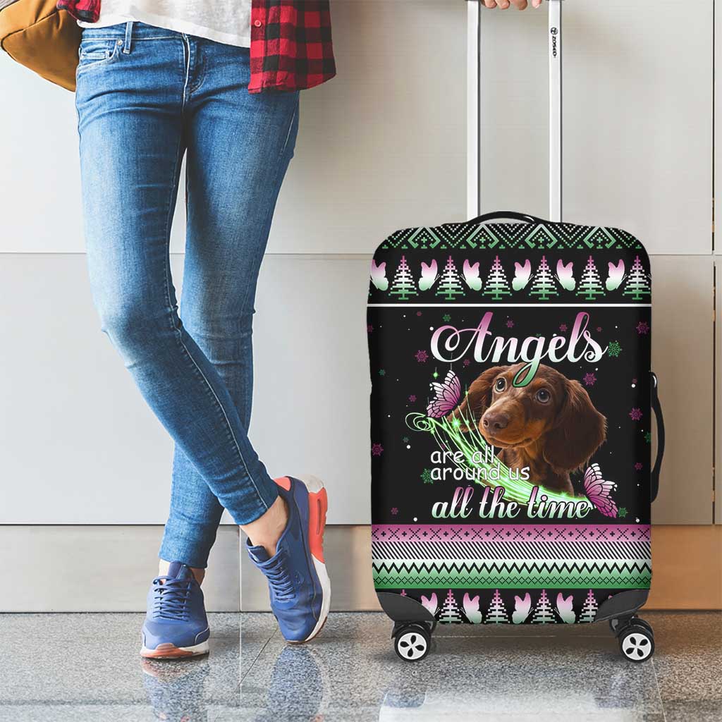 Christmas Dachshund Angel Dog Luggage Cover Pink Green Tree Feather Pattern Design - Wonder Print Shop
