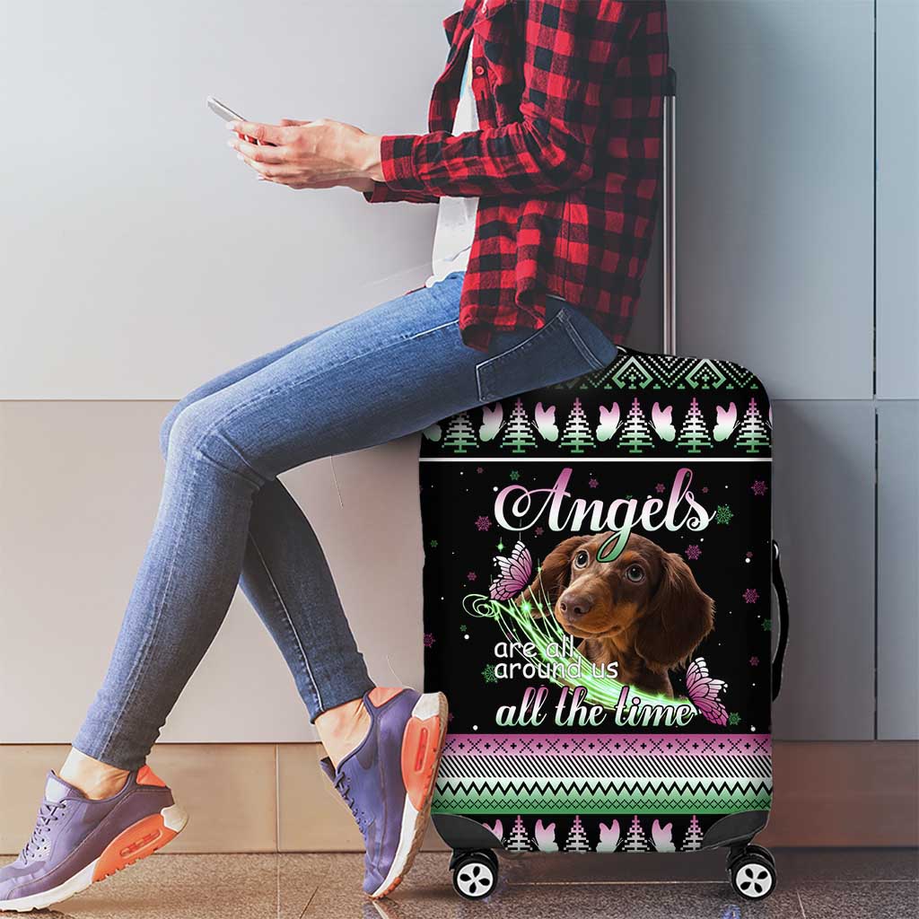 Christmas Dachshund Angel Dog Luggage Cover Pink Green Tree Feather Pattern Design - Wonder Print Shop