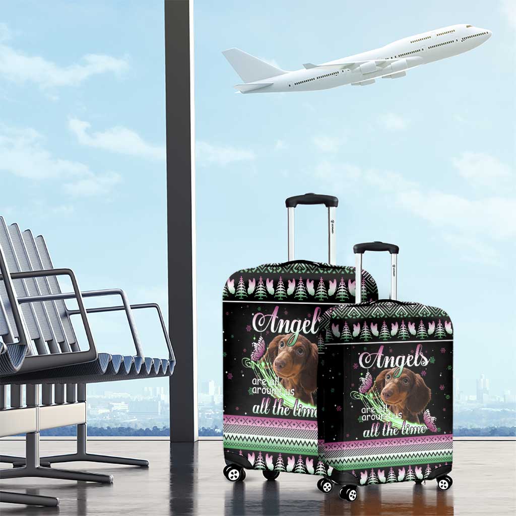 Christmas Dachshund Angel Dog Luggage Cover Pink Green Tree Feather Pattern Design - Wonder Print Shop