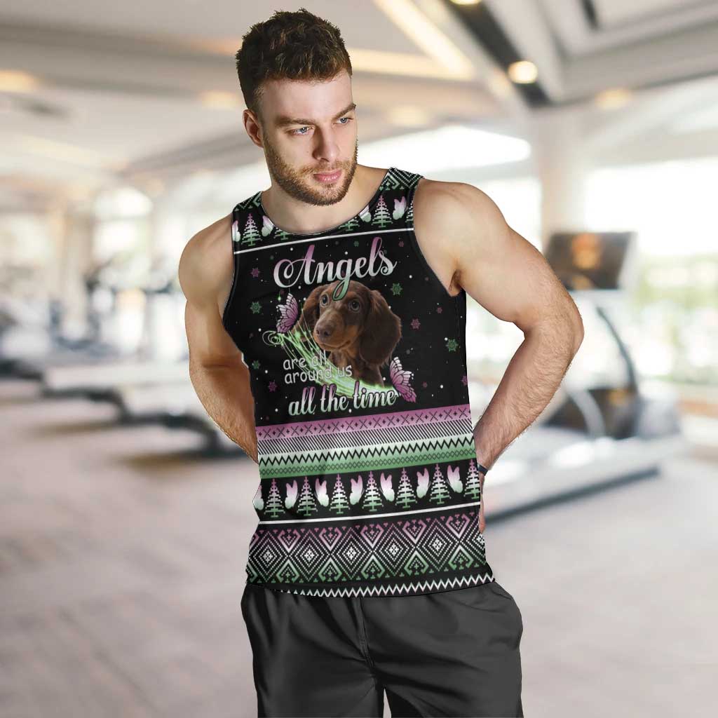 Christmas Dachshund Angel Dog Men Tank Top Pink Green Tree Feather Pattern Design - Wonder Print Shop