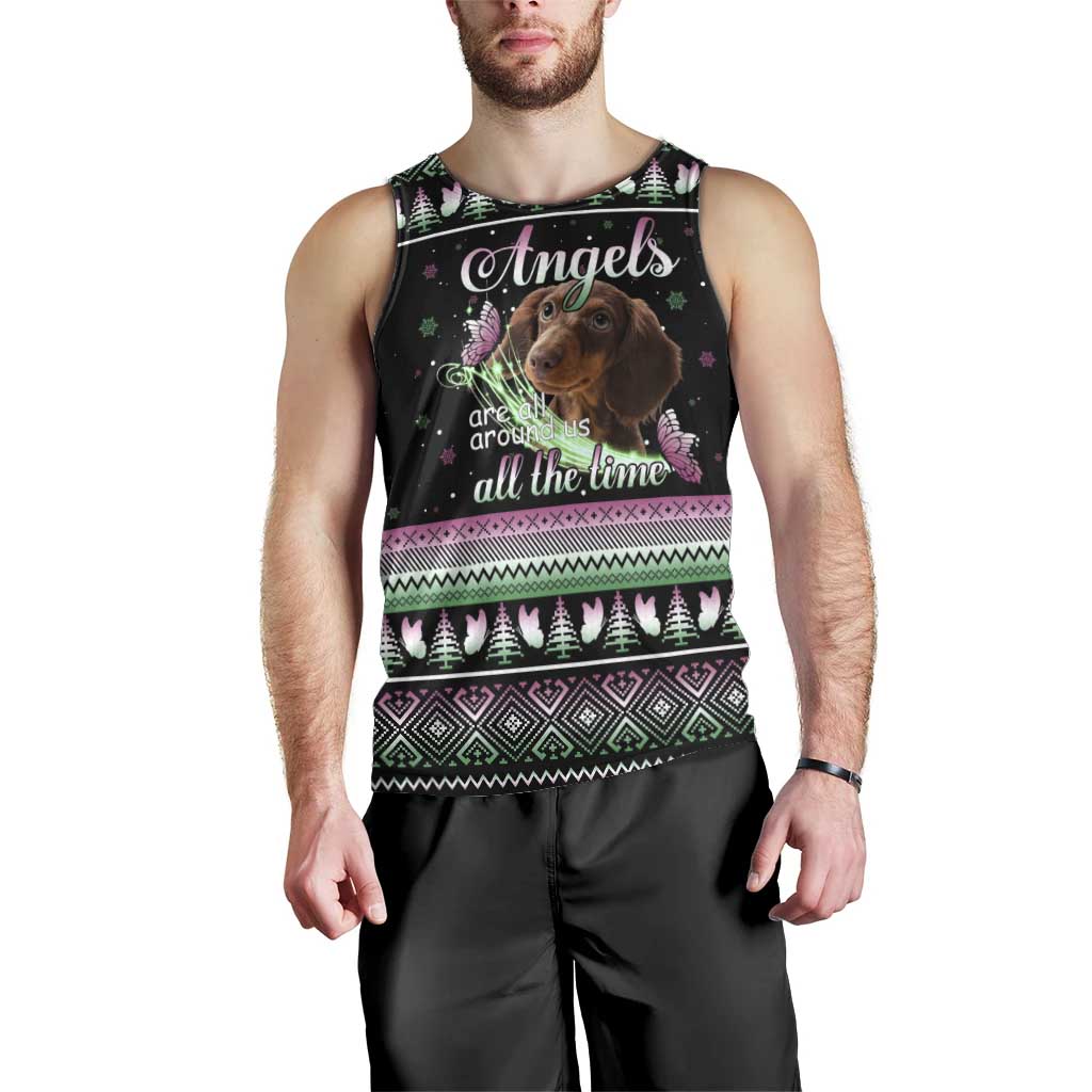 Christmas Dachshund Angel Dog Men Tank Top Pink Green Tree Feather Pattern Design - Wonder Print Shop