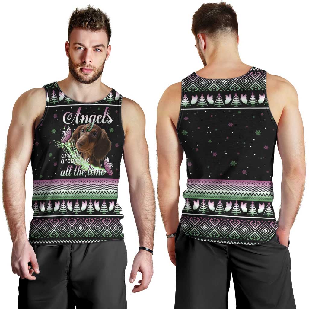 Christmas Dachshund Angel Dog Men Tank Top Pink Green Tree Feather Pattern Design - Wonder Print Shop