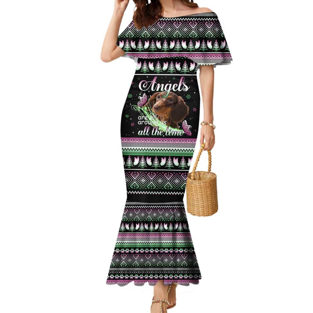 Christmas Dachshund Angel Dog Mermaid Dress Pink Green Tree Feather Pattern Design - Wonder Print Shop