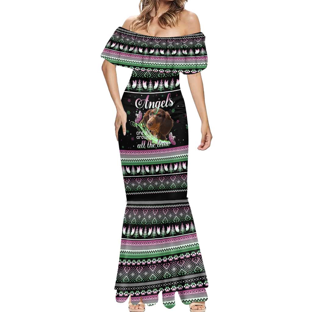 Christmas Dachshund Angel Dog Mermaid Dress Pink Green Tree Feather Pattern Design - Wonder Print Shop
