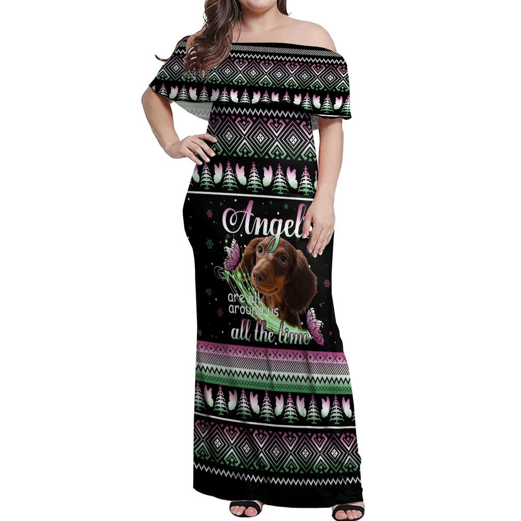 Christmas Dachshund Angel Dog Off Shoulder Maxi Dress Pink Green Tree Feather Pattern Design - Wonder Print Shop