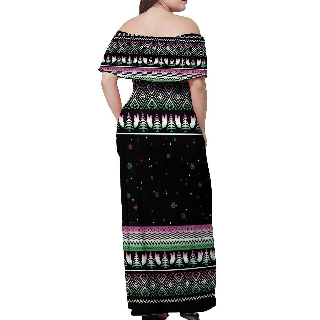 Christmas Dachshund Angel Dog Off Shoulder Maxi Dress Pink Green Tree Feather Pattern Design - Wonder Print Shop