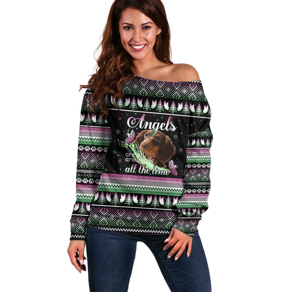 Christmas Dachshund Angel Dog Off Shoulder Sweater Pink Green Tree Feather Pattern Design - Wonder Print Shop