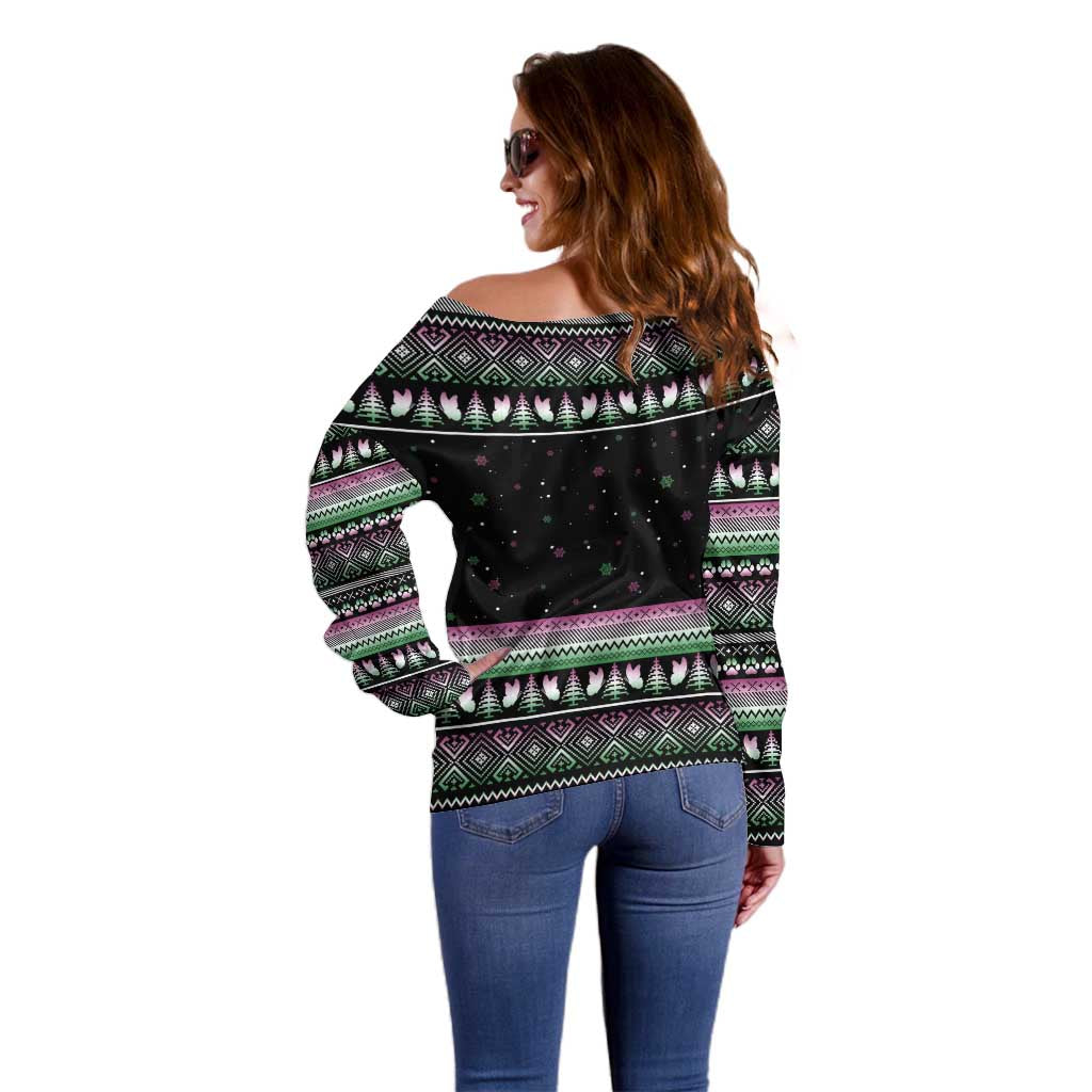 Christmas Dachshund Angel Dog Off Shoulder Sweater Pink Green Tree Feather Pattern Design - Wonder Print Shop