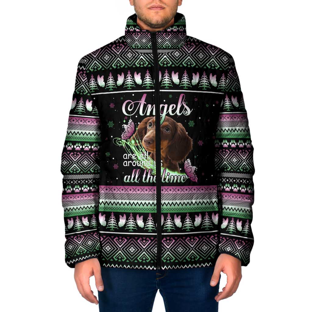 Christmas Dachshund Angel Dog Padded Jacket Pink Green Tree Feather Pattern Design - Wonder Print Shop