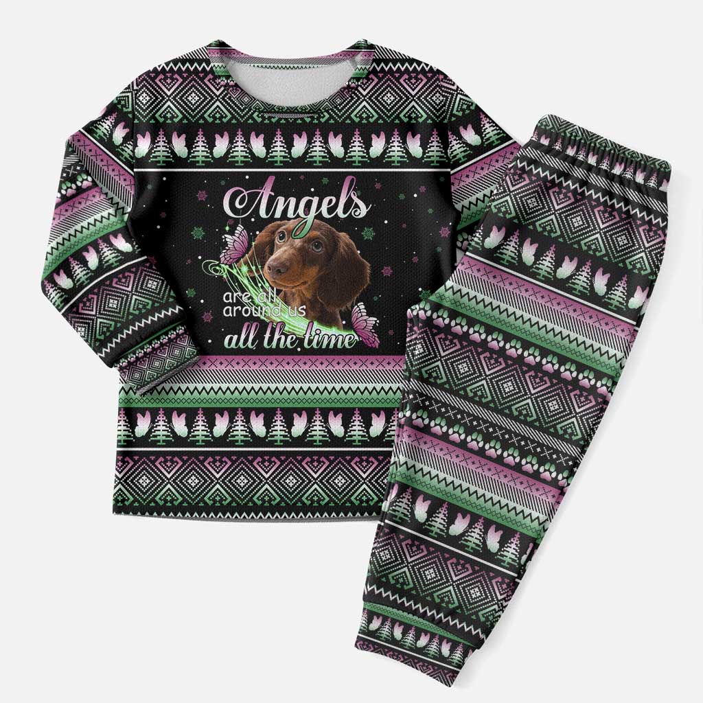 Christmas Dachshund Angel Dog Christmas Pajama Set Pink Green Tree Feather Pattern Design - Wonder Print Shop