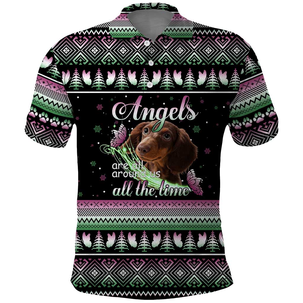 Christmas Dachshund Angel Dog Polo Shirt Pink Green Tree Feather Pattern Design - Wonder Print Shop