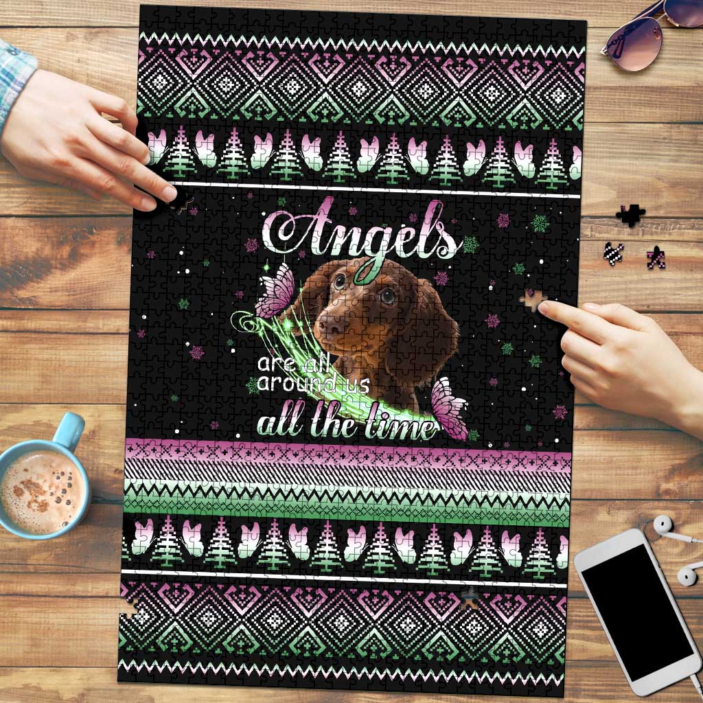 Christmas Dachshund Angel Dog Puzzle Pink Green Tree Feather Pattern Design - Wonder Print Shop