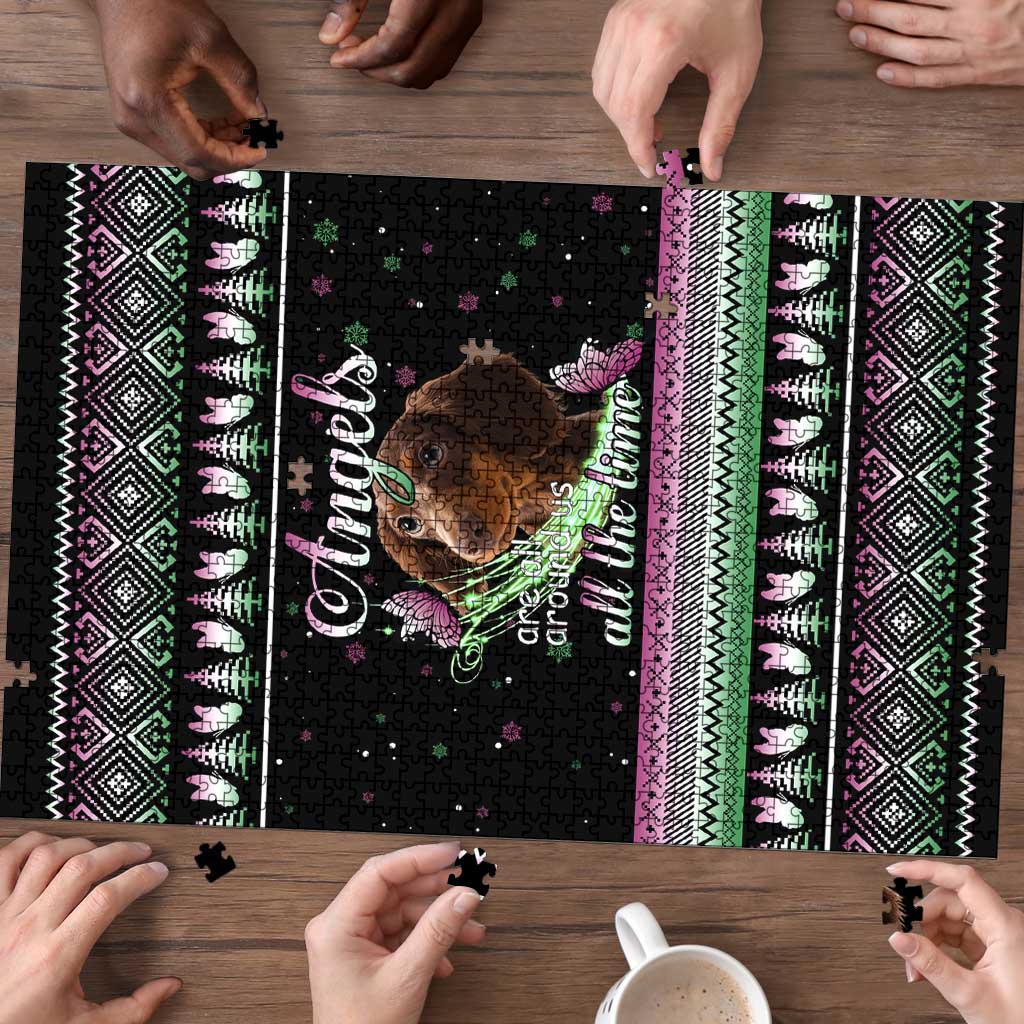 Christmas Dachshund Angel Dog Puzzle Pink Green Tree Feather Pattern Design - Wonder Print Shop