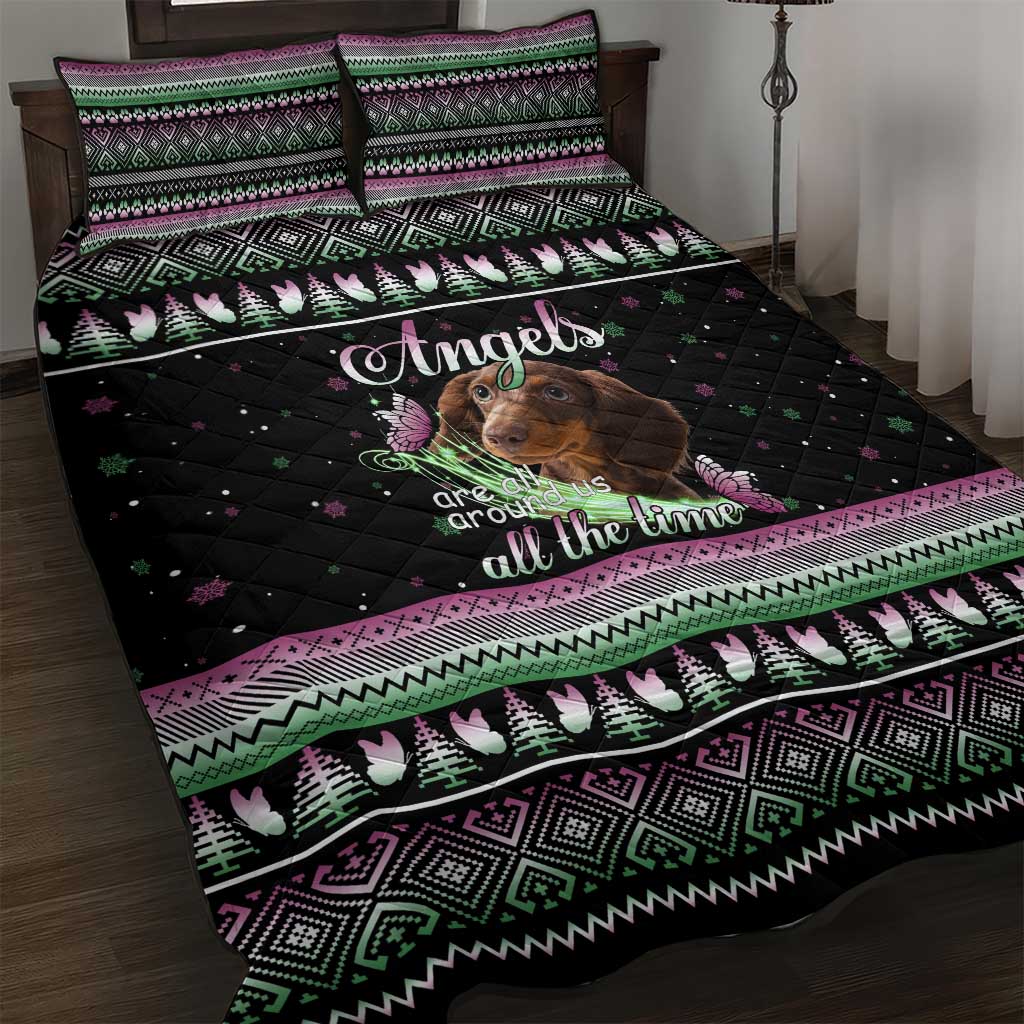 Christmas Dachshund Angel Dog Quilt Bed Set Pink Green Tree Feather Pattern Design - Wonder Print Shop