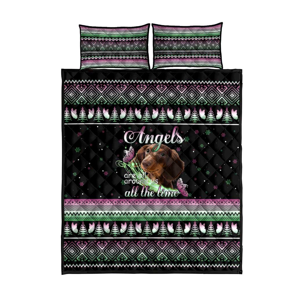 Christmas Dachshund Angel Dog Quilt Bed Set Pink Green Tree Feather Pattern Design - Wonder Print Shop